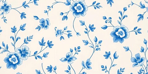 Delicate blue floral toile pattern on white background, classic French style ,  pattern,  textile