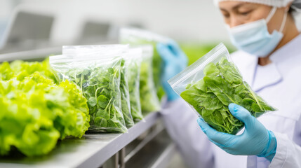 Quality control specialist examining fresh salad mix in factory setting