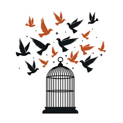 Fototapeta premium Birds Flying Out of a Birdcage: A Symbol of Freedom and Liberation Illustration