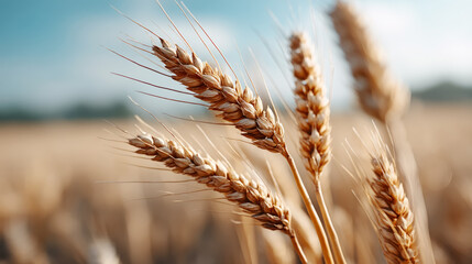 Golden wheat field gently swaying in wind with lens flare on a sunny day