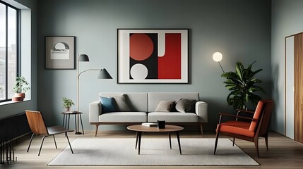 Modern living room interior design with light gray couch and wooden furniture.