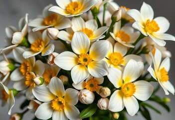Fototapeta premium Elegant bouquet of white blooms, sunny yellow centers, plant, romance