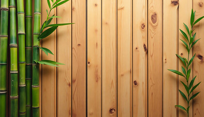 Obraz premium Bamboo and Green Plants on a Wooden Background, Natural and Peaceful Scene