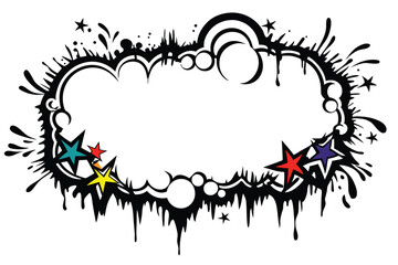 Abstract with Black Drips, Splatters, Ornate Circles, and Colorful Stars
