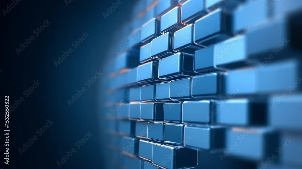 Poster Abstract Blue Cubes: A visually striking composition of a dynamic surface composed of interconnected blue cubes, against a gradient dark backdrop.