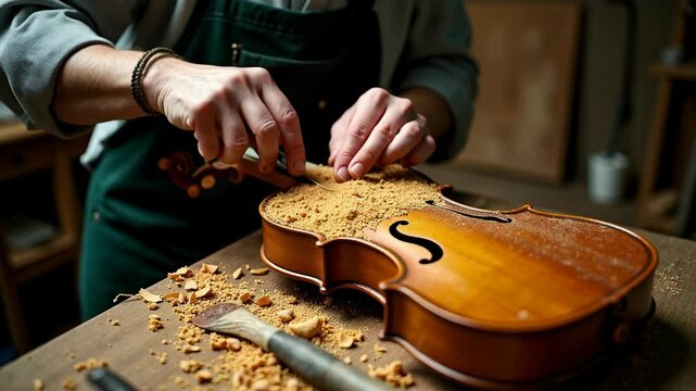 Skilled luthier carves classical violin body from fine maple wood in workshop