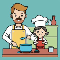 A father and child cooking together with a toy kitchen, sharing a playful and imaginative learning experience.