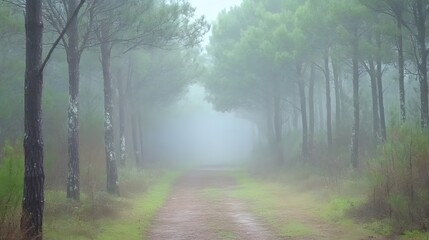 Obraz premium Misty path through a pine forest.