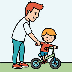 A father gently teaches his child to balance on a small bike, guiding them with care and encouragement.