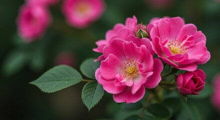Obraz premium Close-up of vibrant pink roses with soft green leaves