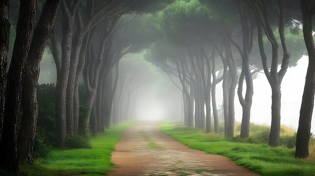 Foggy path lined with tall trees.