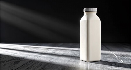 Square Milk Bottle in Dramatic Light on Dark Wooden Floor Premium Dairy Packaging Mockup for Modern Branding and Product Display