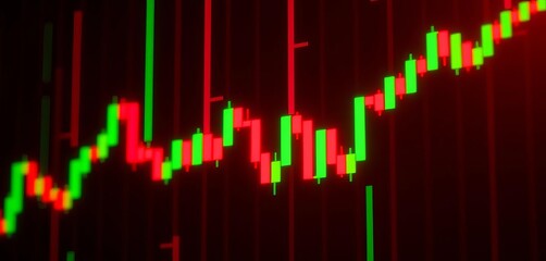 Neon red and green candlestick chart glowing on dark background ,  bull,  futuristic