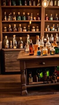 Bottles of potion ingredients line shelves and a table inside a dimly lit antique apothecary shop with a rustic, magical atmosphere.