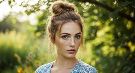 A young woman with freckles and blue eyes, hair in a bun, gazes directly at the camera in a sun-dappled outdoor setting