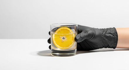 A hand wearing a black glove holds a glass of clear liquid with a slice of lemon. The background is plain and white, emphasizing the drink.