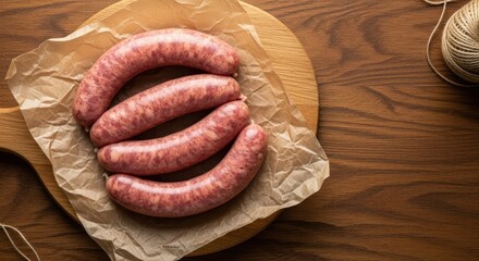 Raw sausages arranged on a wooden cutting board with parchment paper. The scene highlights fresh meat products ready for cooking.