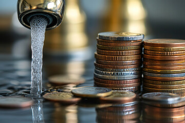 Concept of saving water resources. Water flows out of the tap, increasing the cost of its payment.