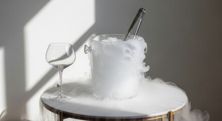 A silver champagne bottle in an ice bucket with fog. A clear wine glass sits beside it on a round table. Soft light illuminates the scene.