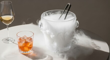 A stylish ice bucket with smoke, holding tongs, next to a glass of whiskey with ice and a wine glass. Elegant bar setting with a modern aesthetic.