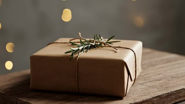 Wrapped Gift Box with Rosemary Sprig on Wooden Surface with Bokeh Lights Against Gray Background for Christmas and Holiday Celebration Scene