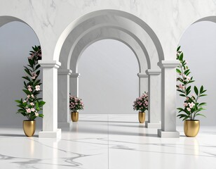 Białe puste, marmurowe wnętrze w klasycznym stylu z podium, kolumnami i kwiatami