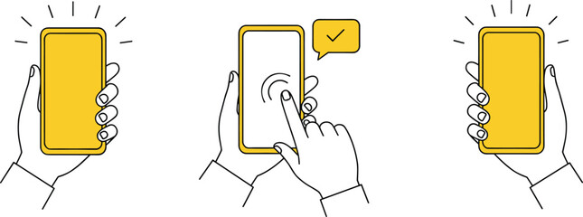 Hand holding smartphone, finger tapping mobile screen, yellow phone interface, touch screen gesture, mobile device illustration, flat vector icon, communication technology, app interaction graphic
