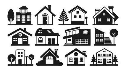Collection of Simple Black and White House Icons Perfect for Real Estate, Architecture, and Home Design Projects