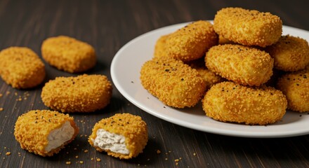 Crispy breaded patties, some stacked on plate, others scattered on a dark wooden table, with one sliced open to show the filling