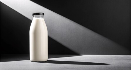 Glass Milk Bottle with Dramatic Spotlight on Dark Background Minimalist Dairy Packaging Mockup for Modern Branding and Product Display