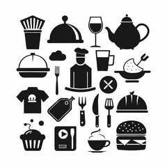 Black fast food icon collection including burger, pizza, drink, fries, and snacks for cafe branding, delivery app, or restaurant vector elements