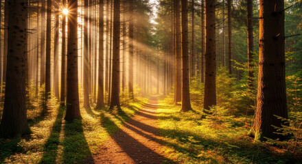 Obraz premium Sunbeams illuminate a tranquil forest path with tall trees and golden light