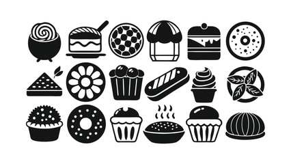 Dessert and bakery vector icons in black featuring cupcakes, muffins, cakes, doughnuts, and sweet treats. Perfect for patisserie branding, bakery menus, and food infographics.