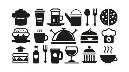 Vector food and drink icon set in black silhouette including teapots, wine glasses, sauce bottles, covered dishes, desserts, and cupcakes – perfect for restaurant menus and kitchen visuals.