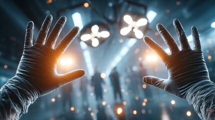 Close-up of surgeon's gloved hands performing delicate brain surgery with medical instruments, focused on precision and expertise in neurosurgery. Advanced medical procedure and healthcare concept.