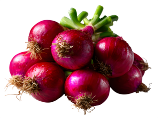 A group of fresh red shallots with roots visible, top-down arrangement, isolated on transparent background --ar 4:3 --v 7.0 --p 537mr6h --s 250