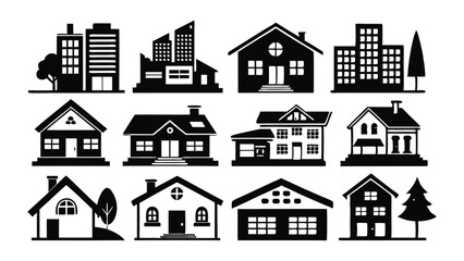 Fototapeta premium Black silhouette vector set of real estate and housing icons with buildings, apartments, and homes – ideal for real estate listings, property apps, 