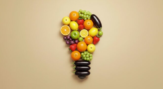 A lightbulb silhouette created from various colorful fruits and vegetables, suggesting fresh ideas and health