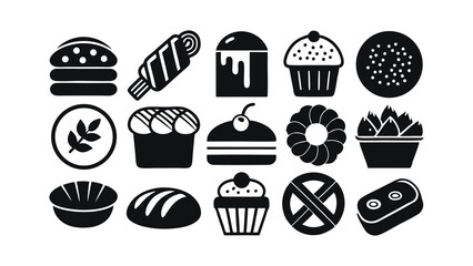 Variety of cupcake and pastry vector icons with frosting, toppings, and decorative styles in silhouette – perfect for bakery packaging, dessert branding, or sweets-themed designs.
