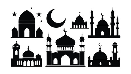 Islamic architectural vector in black silhouette with domes, minarets, and crescent moons &ndash; suitable for holy month Ramadan, Eid Mubarak, spiritual celebration, or cultural designs.