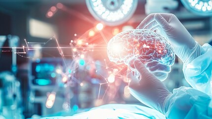 Close-up of surgeon's gloved hands performing delicate brain surgery with medical instruments, focused on precision and expertise in neurosurgery. Advanced medical procedure and healthcare concept.