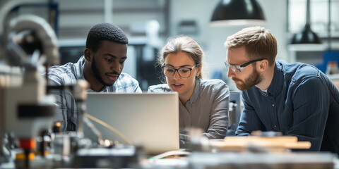 Ein Team von Ingenieuren arbeitet in einer Forschungseinrichtung an einem Fertigungsprojekt. Kollegen analysieren Daten mit einem Laptop und brainstormen 