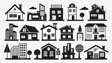 Fototapeta premium Residential home and suburban building silhouette icons in black vector style, ideal for real estate, construction, city planning, or architectural and housing-themed designs.