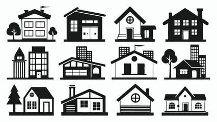 Fototapeta premium Set of house icons in black and white line art vector style showing modern home, building, and real estate elements for property and architecture themes