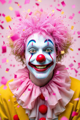 Smiling clown in pink wig and colorful background