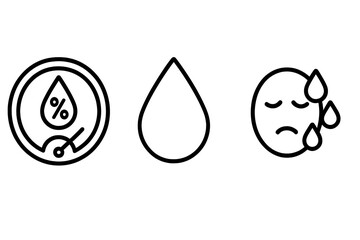 Moisture icon set: percentage, droplet, and sad face with water drops