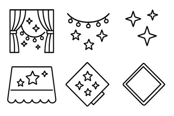 Black star icons: curtains, garlands, napkins, and diamonds design elements