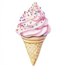 Watercolor-style art Pink soft serve ice cream cone with colorful sprinkles isolated