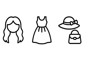 Black icons of female silhouette, dress, hat, and handbag on gray background