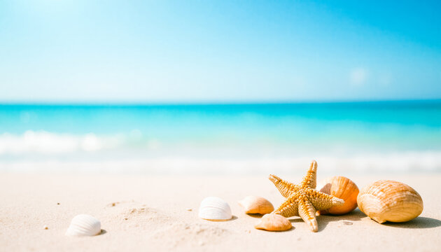 Seashells and starfish on sunny beach sand with turquoise ocean background